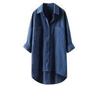 Botón Casual Long Down Tops Blusas Camisas de Mangas Femeninas (Blue, S)