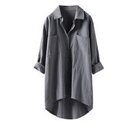 Botón Casual Long Down Tops Blusas Camisas de Mangas Femeninas (Grey, XL)