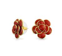 Botón de esmalte rojo estilo flor de rosa 3D pendientes retro de primavera para mujeres con orejas perforadas de latón chapado en oro de 14K
