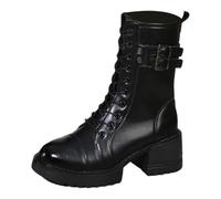 Bottes mi-mollet pour femmes pour le travail décontracté et les rendez-vous avec un talon épais, une fermeture éclair et un design à lacets, parfaites pour la saison automne-hiver Botas (Black, 40)