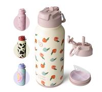 BOTTLE BOTTLE Botella de agua aislada de 32 onzas, botella de agua deportiva de acero inoxidable con pajilla, diseño de tapa de doble uso para gimnasio con pastillero (Buds Rain)