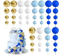 BOUBONI 48 Piezas Bolas Decoraciones para Pasteles Globos Adornos para Magdalenas Bolas de Espuma para Pasteles Decoraciones para Fiestas (A05-Royal Blue, Light Blue, White, Gold)