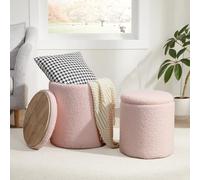 Boucle Round Ottoman with Storage Set of 2,Small Foot Stool Ottoman for Living Room, Small Coffee Table,Vanity Stool with Storage for Bedroom, Pink