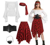BOUFEIDA Disfraz de pirata para mujer, conjunto de vestido medieval de pirata, con top, falda, pañuelo, cinturón, antifaz, para Halloween, carnaval y cosplay