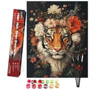 Bougimal Pintura por Números Adultos Animal con Pinceles y Pinturas Acrílicas - 40 x 50 cm, Sin marco,Tigre en un mar de flores 2