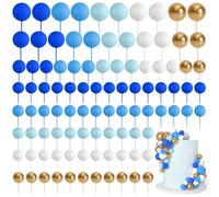 Bouiexye 75 piezas de decoración de bolas y espuma para cupcakes, mini palillos de globos para fiestas, cumpleaños, boda (serie azul, dorado y blanco)
