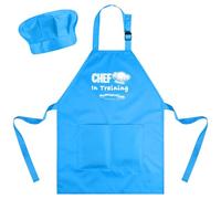 Bouiexye Set de Delantales y Gorras de Cocina para Niños Delantales Infantiles Ajustables con 2 Bolsillos Grandes para Niñas y Niños Ideal para Cocinar, Hornear y Pintar, azul, L