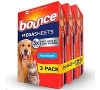 Bounce Bounce - Hojas secadoras suavizantes para pelo de mascotas y pelusas con 3 pelos de mascotas, aroma fresco, 180 unidades, hojas de secadora Bounce