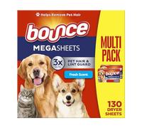 Bounce Pet Hair and Lint Guard Mega - Hojas secadoras con 3 pelos de mascotas, aroma fresco, 130 unidades (el embalaje puede variar)