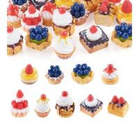 Boutigem 18 piezas de pastel de postre en miniatura para casa de muñecas, imitación de pastel de manzana y fresa, cupcake de arándanos, tarta de huevo con frutas, cabujones, dulces alimentos