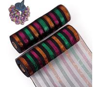 Boutigem 2 rollos de cinta de malla decorativa, 10-1/4 pulgadas de ancho, borde colorido, rayas brillantes, cinta de alambre de malla decorativa de Navidad con seda metálica para coronas de bricolaje