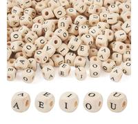 Boutigem 250 cuentas de madera del alfabeto, cubo de 8 mm con letra inicial, 5 estilos de letras de vocal impresas, madera natural, forma cuadrada, cuentas para manualidades