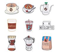 Boutigem Juego de 9 pines esmaltados con temática de café, broche de mochila, juego de insignias de cafetera, taza de café, grano de café, aleación de grano de café, pin de solapa de 18 a 29 mm para