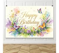 Bovlleetd 1.5x1m Fondo de Cumpleaños con Mariposas, Fondo de Fotografía de Flores Rosas y Moradas con Mariposas, para Decoración de Cumpleaños de Mujeres y Niñas, Suministros para Mesa de Pastel