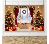 Bovlleetd 1.5x1m Fondo de Ventana de Navidad Fondo de Cortina de Roja Nieve de Invierno Árbol de Navidad Regalo Pancarta de Fiesta Familiar de Fiesta de Año Nuevo para Fiesta de Vacaciones