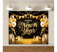Bovlleetd 1,5x1m Fondo Feliz Año Nuevo, Globos Dorados Botella de Champán Caja de Regalo Guirnalda de Banderines Guirnaldas de Luces Fuegos Artificiales Fondo para Decoración de Fiesta Festiva