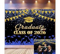 Bovlleetd 1,5x1m Fondo Graduado Promoción 2026, Banderín Lentejuelas Azul Oro Birrete Diploma Silueta Decoración Fondo Fotográfico, Accesorios Estudio Fotográfico Estilo Celebración de Graduación