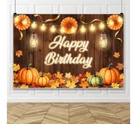 Bovlleetd 1.5x1m Telón de Fondo de Cumpleaños de Cosecha de Otoño, Madera Rústica con Calabazas, Hojas de Arce y Luces de Cadena Fondo de Fotografía para Acción de Gracias y Celebraciones Infantiles