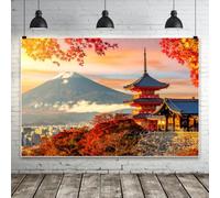 Bovlleetd 1.5x1m Telón de Fondo de Vistas de Japón con Monte Fuji y Pagoda Roja, Escenario de Otoño con Hojas de Arce, Accesorios para Video y Fotos para Decoración de Acción de Gracias