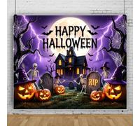 Bovlleetd 1.5x1m Telón de Foto Halloween Dibujado Mansión Embrujada Espeluznante Murciélago Cielo Nocturno Morado Fondo de Fotografía Banner Decoración de Fiesta Accesorios de Foto