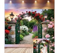 Bovlleetd 1,8x1,2m Fondo Arco Jardín Rosas Atardecer Puerta de Hierro y Pilar de Piedra Flores Coloridas y Camino Tema Jardín Elegante Accesorios Estudio Fotográfico