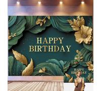 Bovlleetd 1,8x1,2m Fondo de cumpleaños de Lujo Esmeralda y Oro, Follaje Texturizado Marco Floral Happy Birthday, Tema de celebración Elegante, Accesorios de Estudio fotográfico