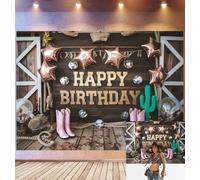 Bovlleetd 1,8x1,2m Fondo de cumpleaños Vaquero Occidental Pared de Madera rústica, Botas de Vaquero Rosas Globos estrellados Decor de Cactus Happy Birthday, Tema Country Western de Estudio