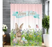 Bovlleetd 100x170cm Cortina de Ducha Floral Conejo Feliz Pascua Conejo Pascua Acuarela Pradera de Flores Silvestres Huevos Pastel Cinta Degradado Rosa Encantadora Festiva Tela con Ganchos