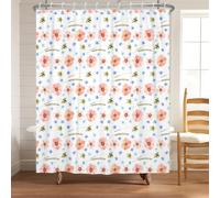 Bovlleetd 100x170cm Cortina de Ducha Flores Silvestres Melocotón Azul Acuarela Florales Melocotón y Pequeñas Flores Azules sobre Blanco Estética Bohemia Cottage Fresca Tela con Ganchos Decor