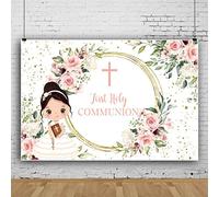 Bovlleetd 150x100cm Primera comunión fotografía Fondo bebé niña bebé Bautismo Fiesta Banner Lindo Chica Cristiano Rosa Rosa Flor telón de Fondo Oro Brillante eucalipto Hoja Fondo