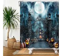 Bovlleetd 150x180cm Cortina de Ducha Halloween Noche Oscura Luna Casa encantada gótica Patio de Calabazas Puerta Cortinas de baño para decoración de bañera y hogar