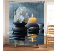 Bovlleetd 150x180cm Cortina de Ducha Zen Orquídea Vela, Diseño SPA Sereno con Piedras Apiladas, Orquídea Blanca, Brillo, Estética Calma y Tranquila, Tela de Poliéster Impermeable con Ganchos
