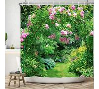 Bovlleetd 152x183cm Paisaje de Verano Cortina de Ducha 3D Bosque Cabina Cortinas de Ducha Planta Verde Flores Rosadas Cortina de baño Corona Arco Cortina de baño Cortina de bañera Impermeable
