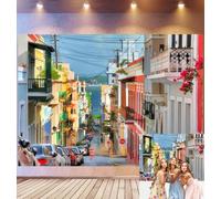 Bovlleetd 2,2x1,5m Fondo de cumpleaños Casco Antiguo de San Juan Balcones coloniales Coloridos, Calle empedrada Vista Costera, Tema de Arquitectura caribeña Vibrante de Estudio fotográfico