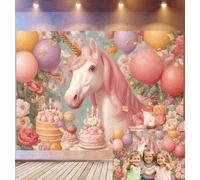 Bovlleetd 2,2x1,5m Fondo de cumpleaños Unicornio Encantado Arco de Globos Pastel, Floral Exhibición de postres Cuento de Hadas mágico, Tema de celebración Infantil de Estudio fotográfico