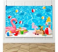 Bovlleetd 2.2x1.5m Fondo de Fotografía de Fiesta de Piscina de Verano Fondo de Fotografía Azul con Flotador de Flamenco Rosado, Luz de Neón & Juguetes de Playa Accesorios de Cabina de Fotos de Fiesta