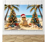 Bovlleetd 2.2x1.5m Fondo de Navidad de Julio árbol de Navidad y muñeco de Nieve en Playa de Verano Palmera Fondo fotográfico decoración de Pancarta para Fiesta de cumpleaños navideño Tropical de Foto