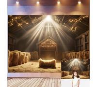 Bovlleetd 2,2x1,5m Fondo fotográfico Establo navideño, Cruz Cristiana, pacas de heno, Luces de Cadena - Interior de Madera rústica, Escena Sagrada, Accesorios de Studio fotográfico Tema navideño