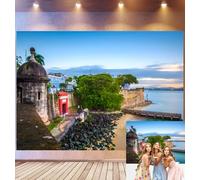 Bovlleetd 2,5x1,8m Fondo de cumpleaños Fortaleza de San Juan Bastión de Piedra histórico, Baluartes costeros Arquitectura Colonial Puerto Turquesa, Tema de Atardecer de Estudio fotográfico