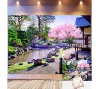 Bovlleetd 2,5x1,8m Fondo de jardín Zen japonés Paisaje de cerezos en Flor y Estanque, Arreglos de Rocas y rastrillos de Arena, paisajístico japonés Tradicional, Accesorios de Estudio fotográfico
