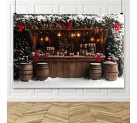 Bovlleetd 2,5x1,8m Fondo de Puesto de Mercado de Madera navideño, Puesto navideño nevado Guirnalda de Pino Lazos Rojos Linterna Taza de Chocolate Caliente, Fondo fotocabina Fiesta Navidad