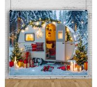 Bovlleetd 2.5x1.8m Navidad Caravana Vintage Fondo de Fotografía Bosque de Pinos Nevado Caja Vela Luz Cálida Guirnalda Fondo Accesorio de Foto de Estudio