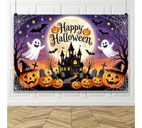 Bovlleetd 2.5x1.8m Telón de Fondo Feliz Halloween Dibujos para Adultos niños, Fondo Castillo Terror Nocturno con Luna, Fantasma Lindo, Decoraciones Fiesta aterradoras, Pancarta, Accesorios Fotos