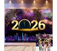 Bovlleetd 2,7x1,8m Fondo de celebración de Año Nuevo Cuenta Regresiva a 2026 Reloj de Oro Coloridos Fuegos Artificiales Skyline de la Ciudad Fondo Vibrante para la Fiesta de la víspera Festiva