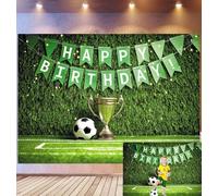 Bovlleetd 2,7x1,8m Fondo de cumpleaños Campo de fútbol Césped, Trofeo y balón de fútbol Bandera Verde Happy Birthday, Tema de Campeonato Deportivo, Accesorios de Estudio fotográfico