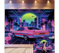 Bovlleetd 2,7x1,8m Fondo Retro Synthwave Ciudad Estética Neon 80s Coche Muscle Rosa Flamenco Palmeras Tema Urbano Cyberpunk Accesorios Estudio Fotográfico