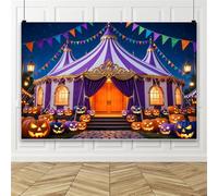 Bovlleetd 2.7x1.8m Telón de Fondo Tienda Circo Halloween, Fondo Foto Carnaval Espeluznante con Calabaza, Tienda Rayas moradas y banderines para Carnaval, Pancarta Cabina Fotos, decoración