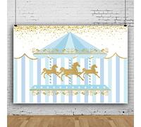 Bovlleetd 220x150cm carrusel fotografía Fondo de Dibujos Animados Parque de Atracciones Escena Azul Oro carrusel telón de Fondo Oro Brillante Azul Blanco Costura Fondo para Baby Shower Fiesta Banner