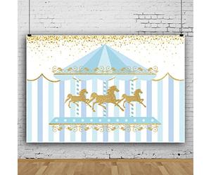 Bovlleetd 220x150cm carrusel fotografía Fondo de Dibujos Animados Parque de Atracciones Escena Azul Oro carrusel telón de Fondo Oro Brillante Azul Blanco Costura Fondo para Baby Shower Fiesta Banner