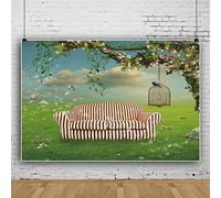 Bovlleetd 220x150cm Cuento de Hadas Sueño Hierba Telón de Fondo Rayas Sofá de Cuero Jaula de Pájaro Flor Árbol Fotografía Verde Hierba Púrpura Flor Diente de León